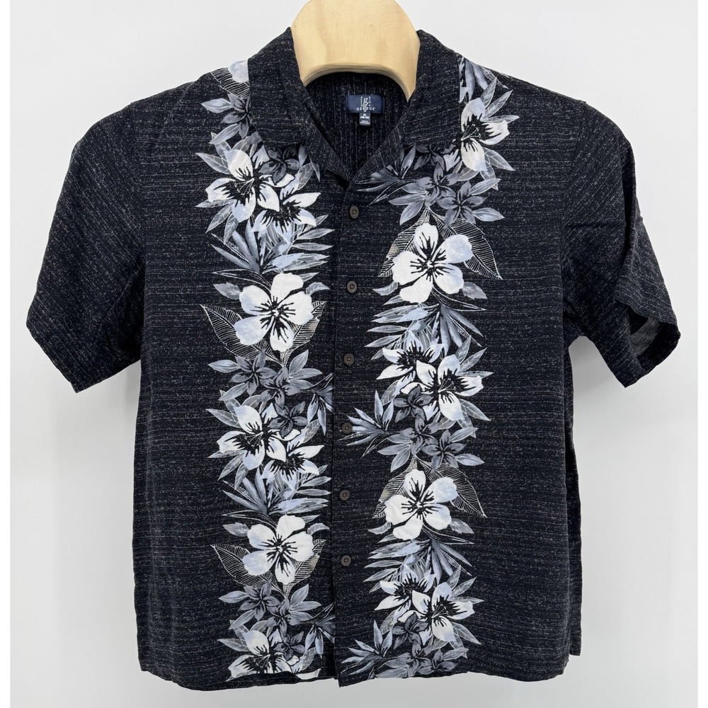 George Hawaiian Shirt Men's Size XL 100% Rayon Black Floral Tropical Aloha